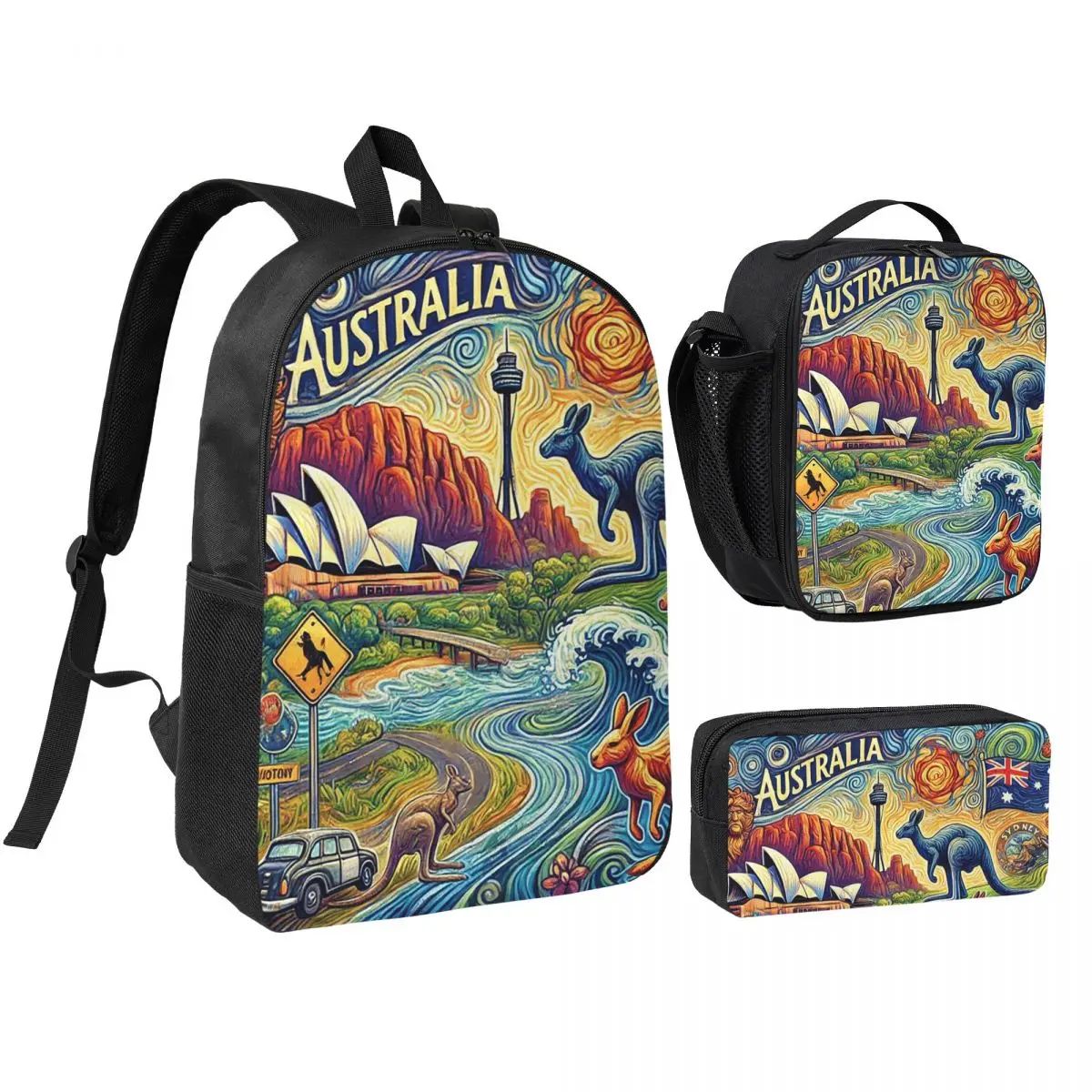 Australian Wildlife And Natural Scenery Backpack Boys Girls BookBag School Bag Shoulder Bags 3ps Insulated Lunch Bag Pencil Case