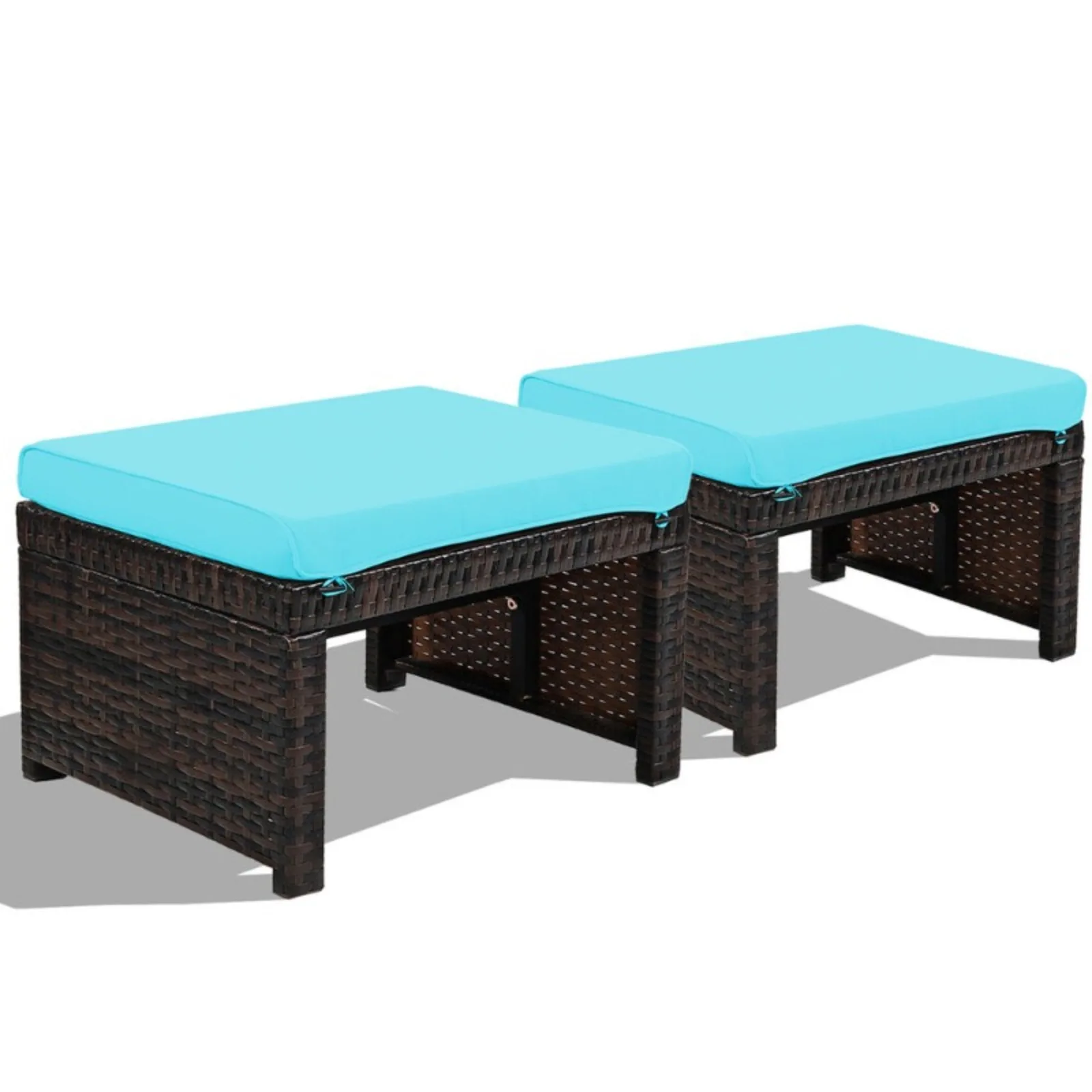 US Set of 2 Rattan Ottoman Footrest Footstool Patio Furniture w/ Turquoise Cushion