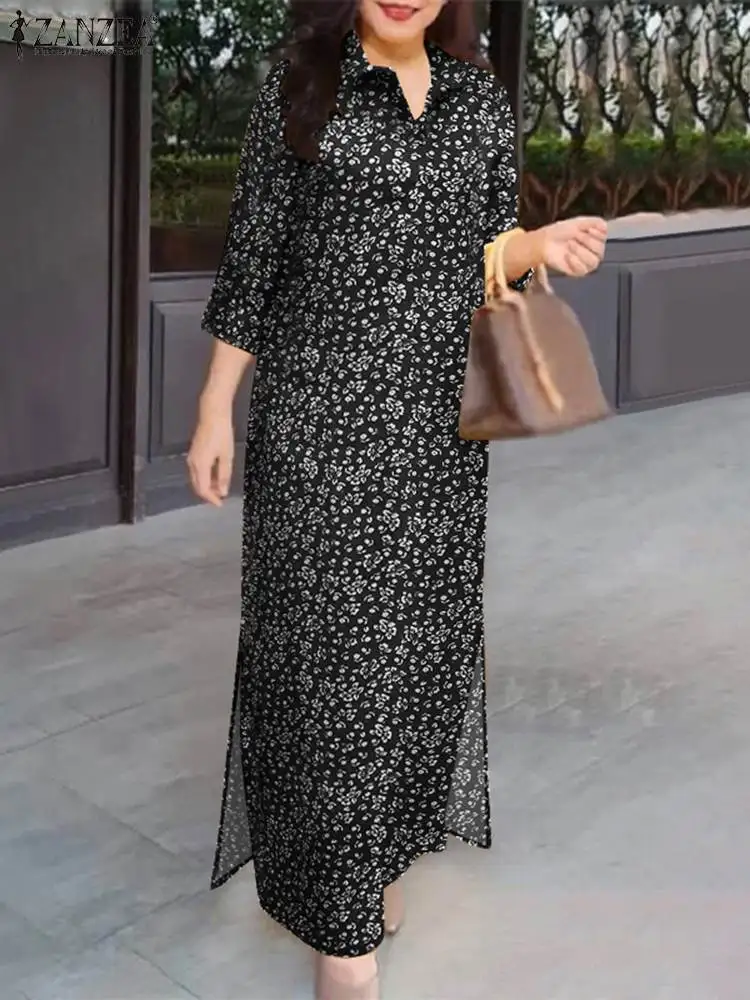 ZANZEA Women Side Slit Vestidos 3/4 Sleeve Turn-down Collar Casual Floral Printed Maxi Dress Autumn Daily Commute Shirtdress — zdjęcie 3
