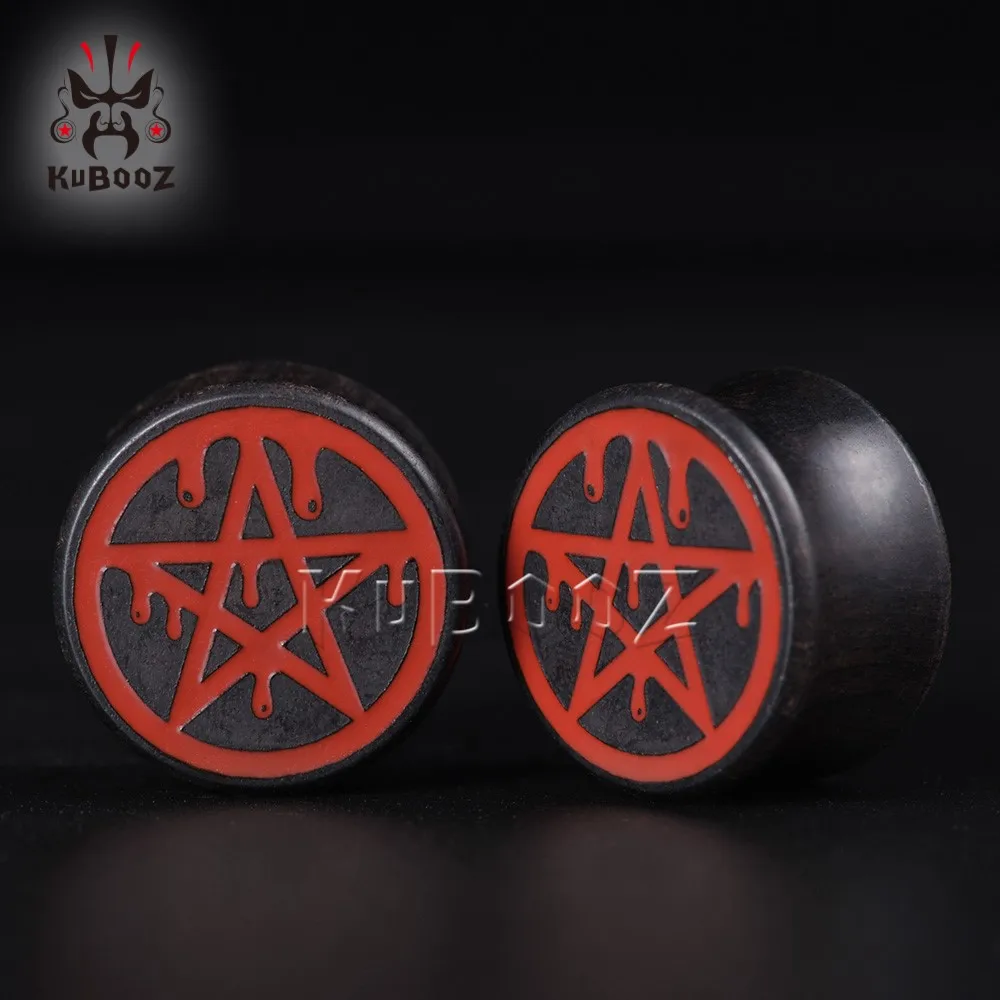 KUBOOZ Fashion Wood Red Pentagram Ear Tunnels Gauges Expanders Plugs Piercing Body Jewelry Earring Stretcher 2PCS