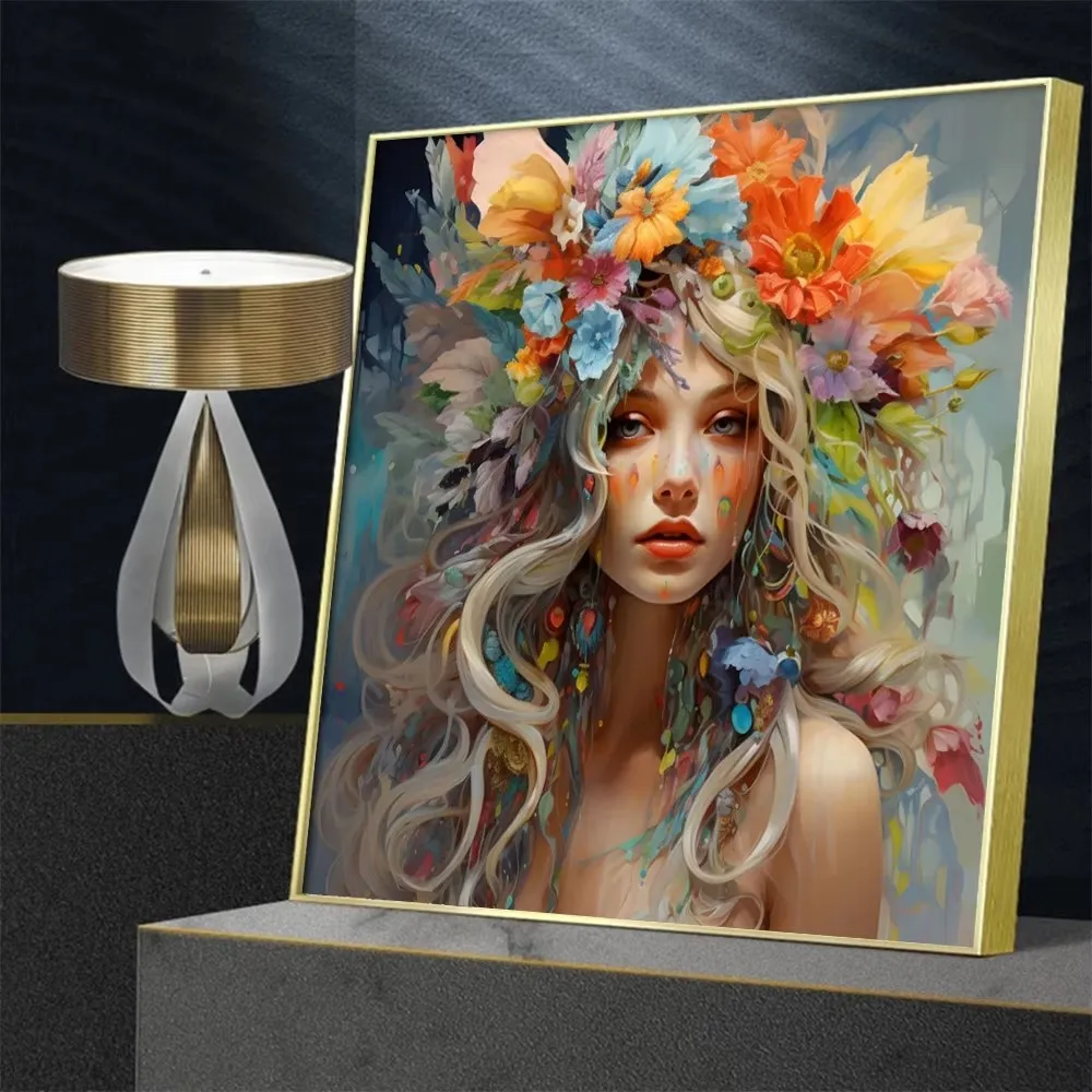 Fashion Style Boho Girl Flower Crown Diy Diamond Art Painting Woman Full Square Diamond Embroidery Rhinestones Mosaic Home Decor