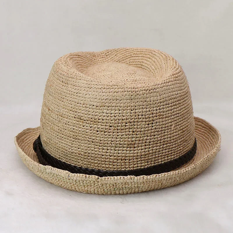 Natural raffia crochet straw top hat casual style short brim straw hat unisex sun protection