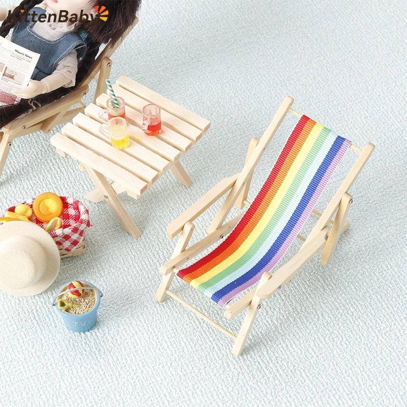 1:12 Dollhouse Rainbow Lounge Chair Foldable Beach Chair Model Dollhouse Mini Furniture Decor Toy Micro Scene Construction Prop