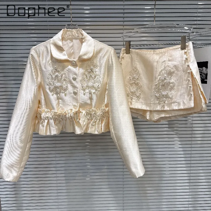 

2026 Spring New French Elegant Socialite Satin Outfits Pearl Bead Embroidery Short Jacket + Button Skirt Two-piece Set Women