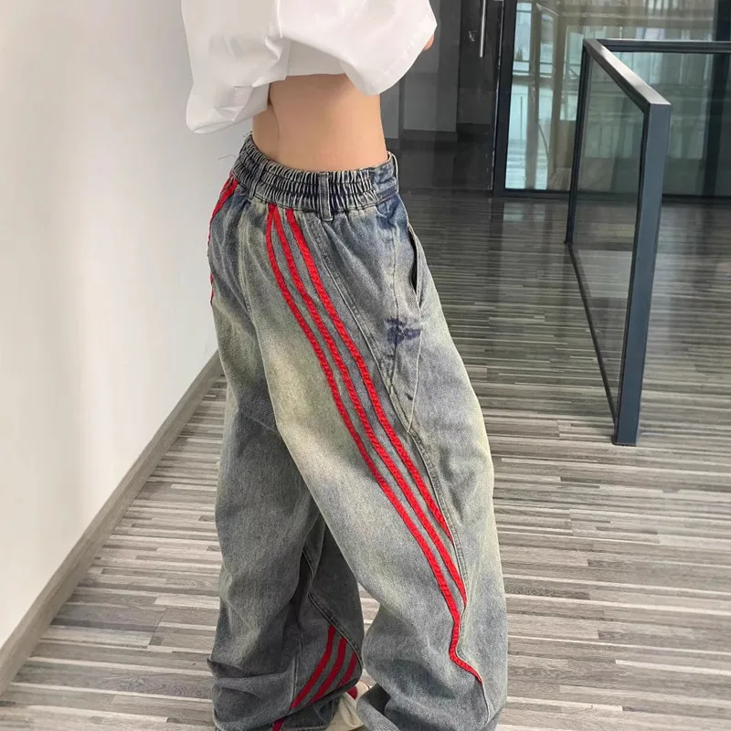 Retro jeans straight leg striped patchwork fashionable couple wide leg pants
