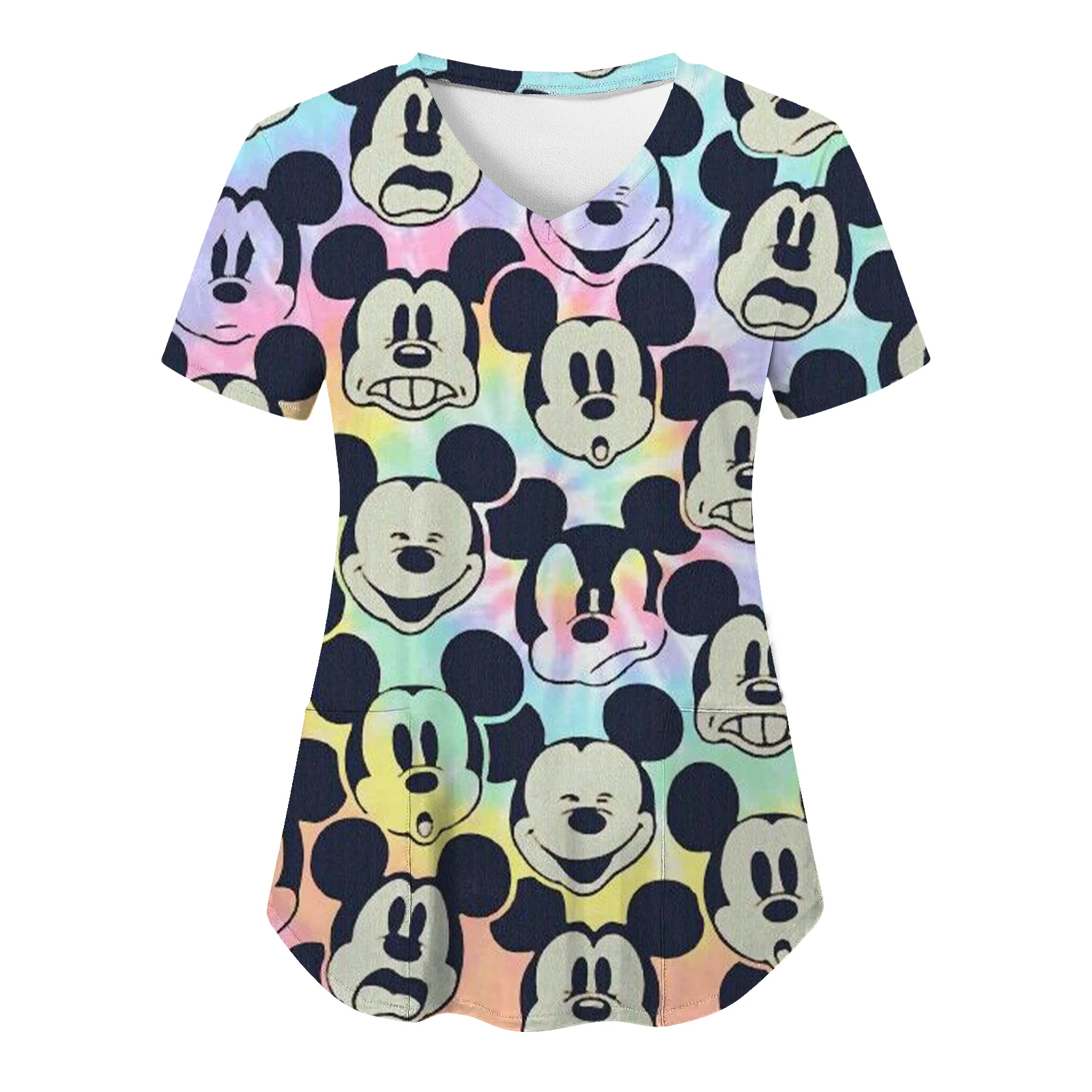 Tops V Neck T Shirts Hospital T-shirts Pocket T-shirt Nurse Uniform Mickey Woman Clothes Minnie Mouse Top Women 2025 Disney Tees
