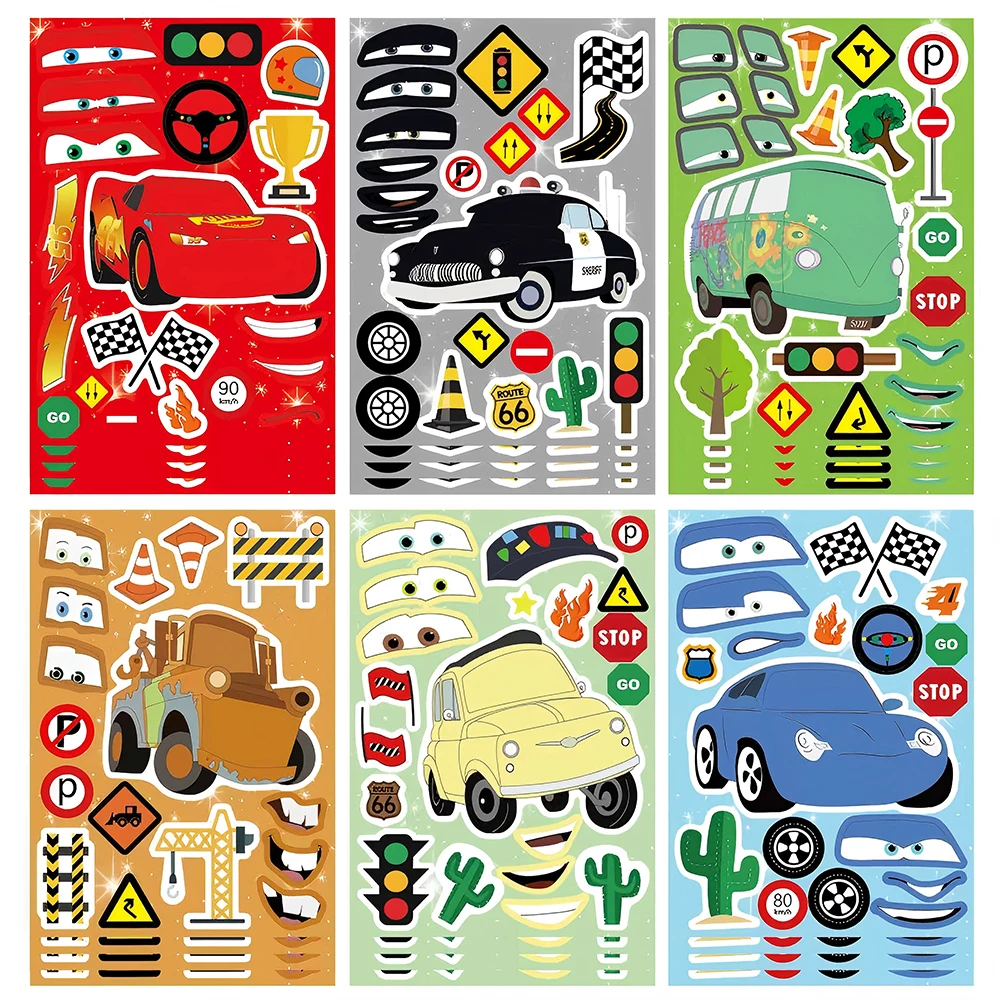6/12 feuilles d'autocollants puzzle à assembler Disney Cars Lightning McQueen, thème dessin animé, pour créer des visages, jouets de décoration pour fêtes
