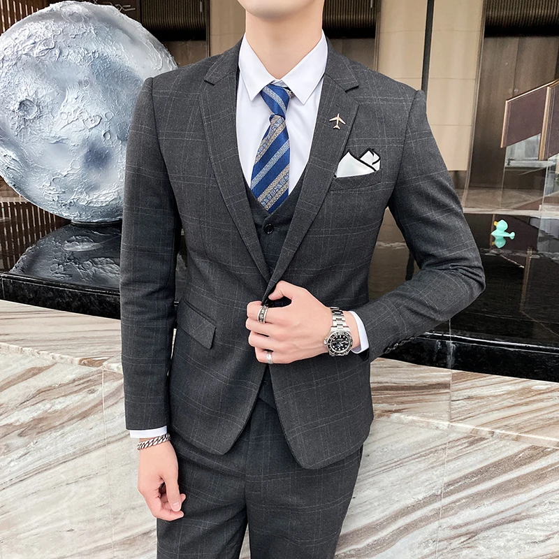 

2023New business suit (Blazer+ vest + trousers) fashion casual slim three-piece suit British handsome suit dress formal wear