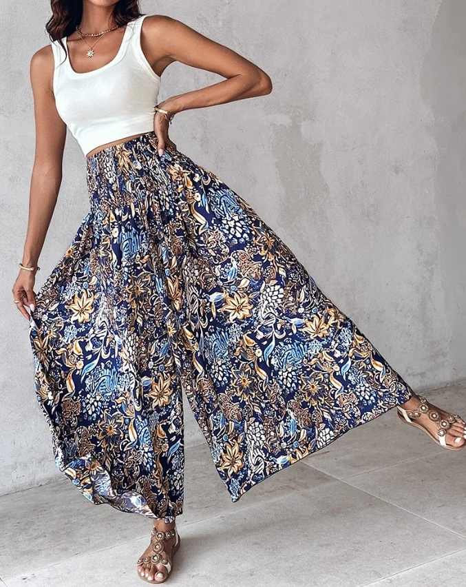 Women's Vintage Floral Print Shirred Wide Leg Pants Summer New Fashion Female Clothes Women High Waist Vacation Casual Trousers