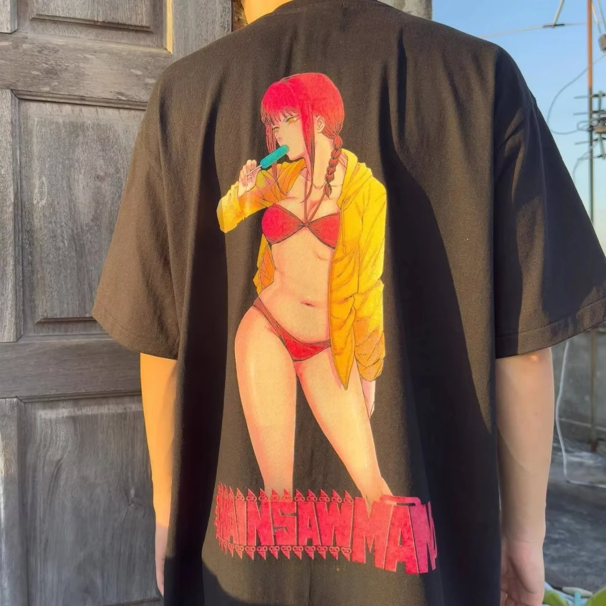 2025 كامل الوقت النسيج الثقيل اليابانية بالمنشار رجل ماكيما المتخصصة ثنائي الأبعاد الرسوم المتحركة عادية Ins قصيرة الأكمام قمم تي شيرت