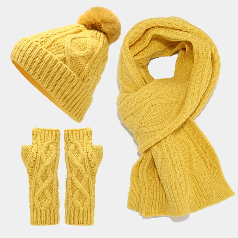 Winter Hat Scarf Gloves Set 3PCS Beanie Hat Scarf Neck Warmer Long Scarf Thermal Warm Knitted Gloves for Women Girls