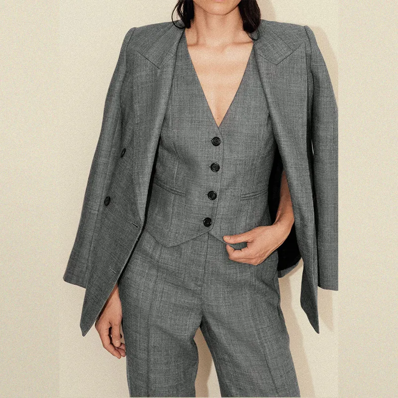 مكتب تخفيف المرأة 3 قطعة مجموعة شيك تشيلسي بليزرات معطف واحدة الصدر سترة سستة مستقيم بانت 2025 جديد اليومية سيدة البدلة