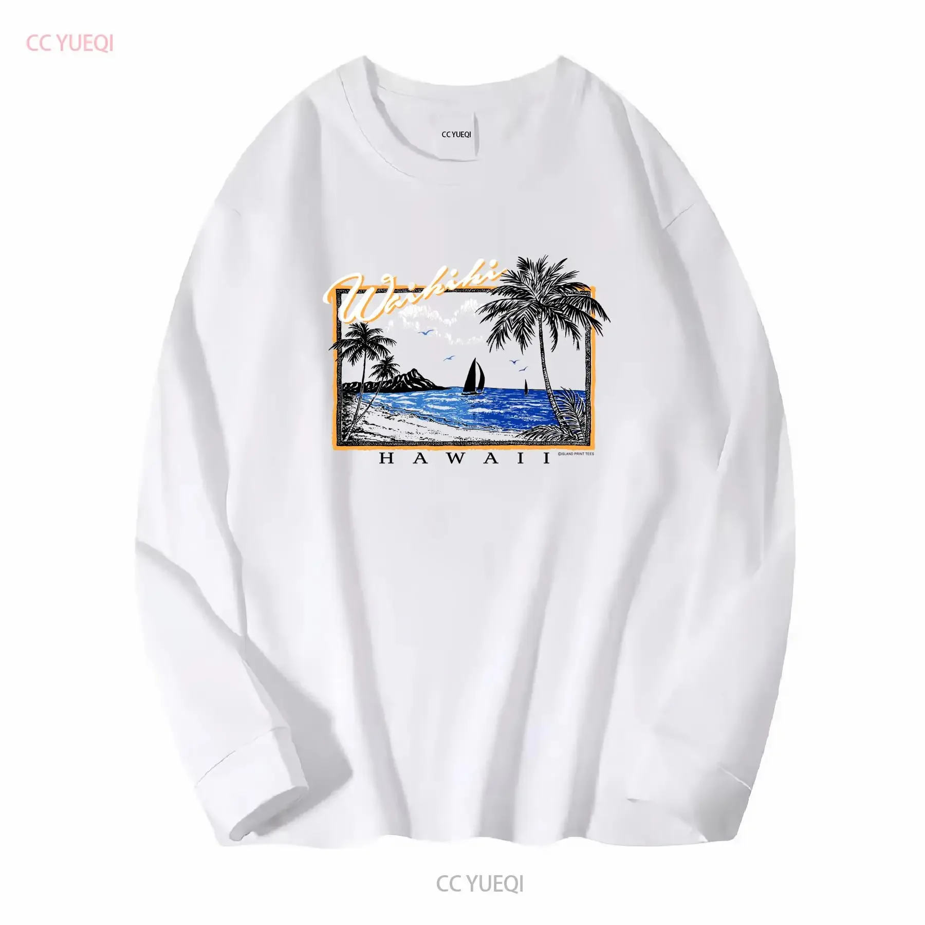 Vintage Waikiki Hawaii Island Print T Shirt Quali Shrit Vaporwave Large vintage Washed Breathable Top For Everyday Wear Unisex
