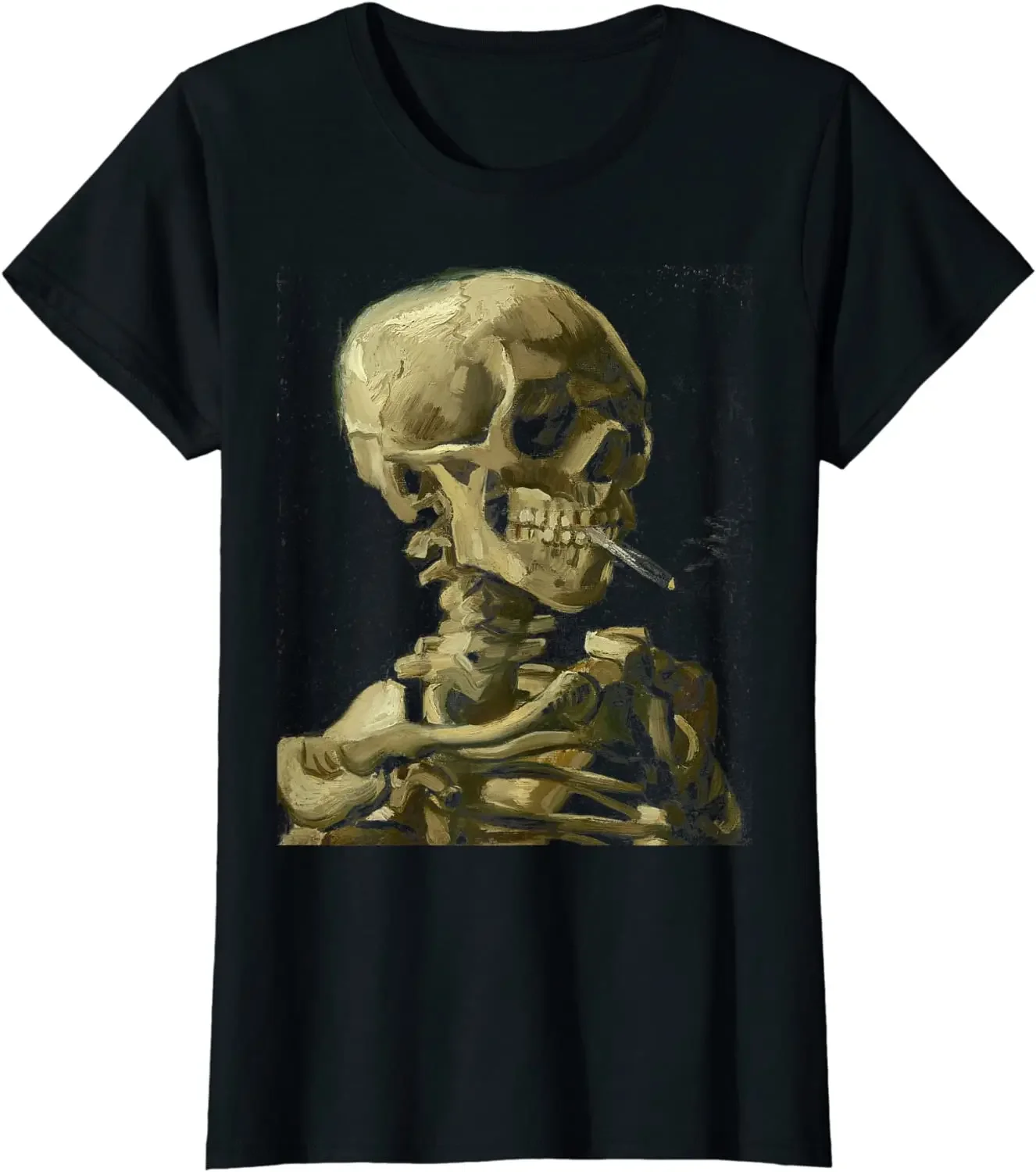 

Van Gogh Skull with Cigarette Skeleton Anti-smoking T-Shirt Casual Cotton Four Seasons T Shirts for Men Harajuku Tees