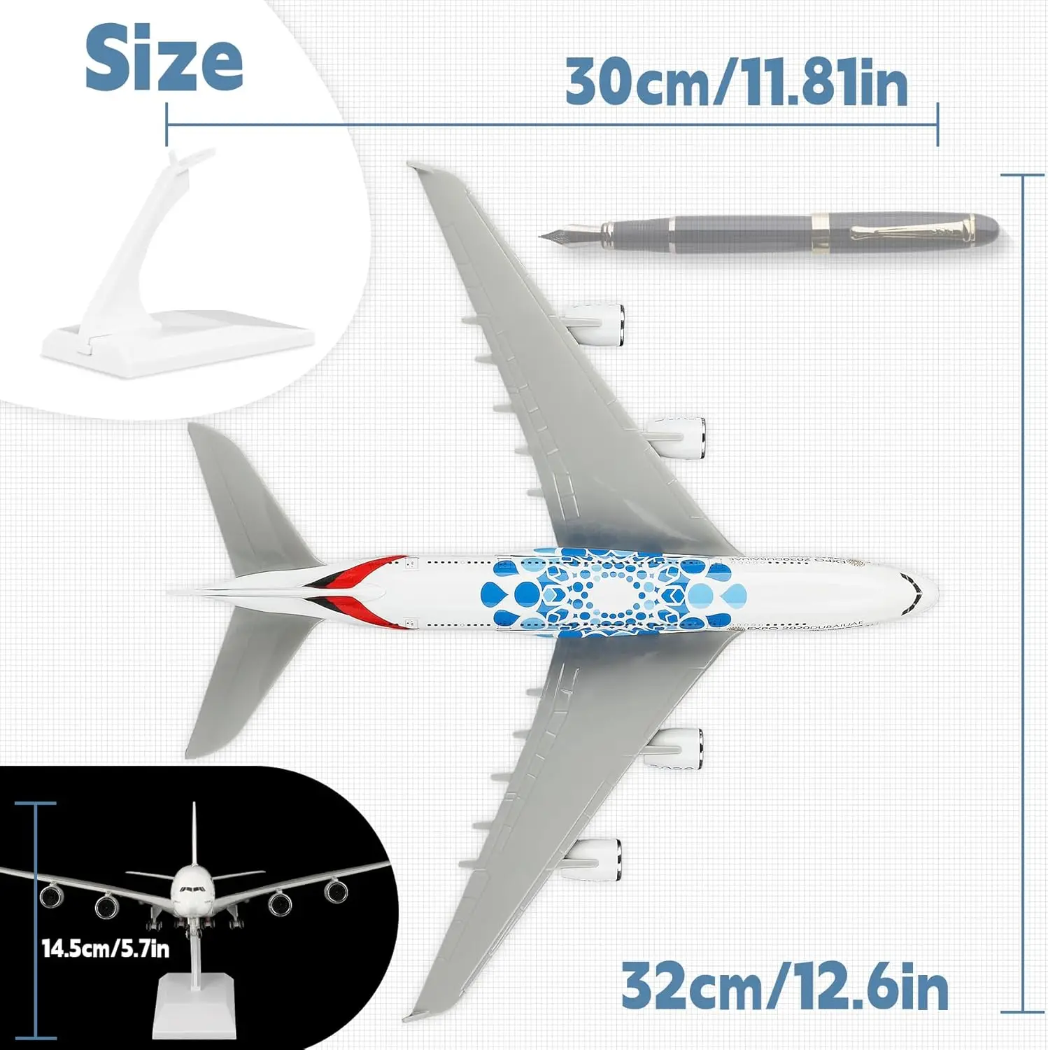 30cm UAE Expo A380 Diecast Resin Airplanes Model 1/250 scale with Stand for Aviation Gift or Display Decoration adults fun