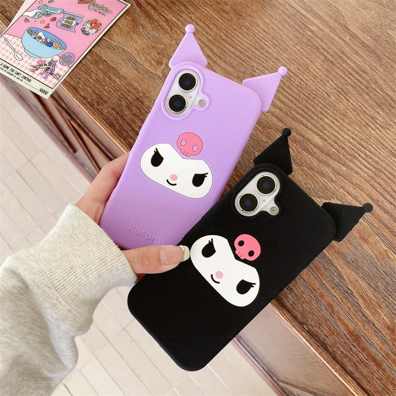Kawaii Cute 3D Cartoon Kuromi Couple Phone Case For iPhone 16 15 14 13 Pro Max Plus Soft Silicone Shockproof Protective Cover