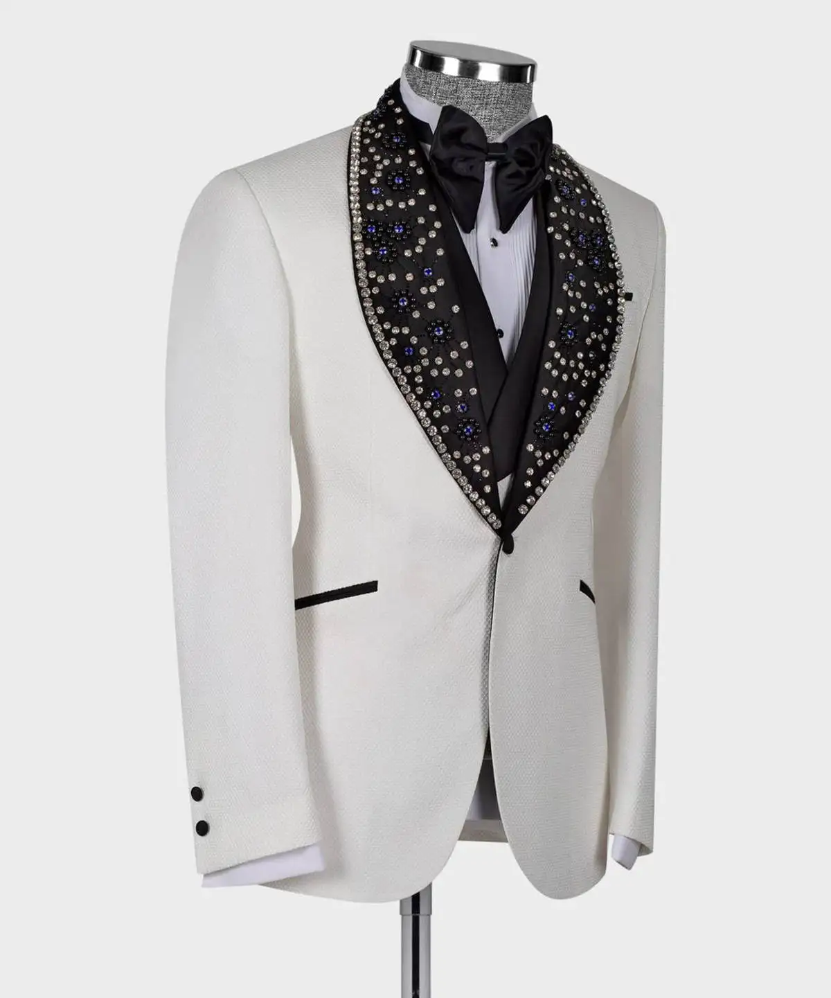 Tuxedos de mariage avec perles colorées pour hommes, vêtements de banquet du marié, revers châle, fête d'anniversaire sur mesure, spectacle de Rh, ensembles de pantalons noirs, 3 pièces