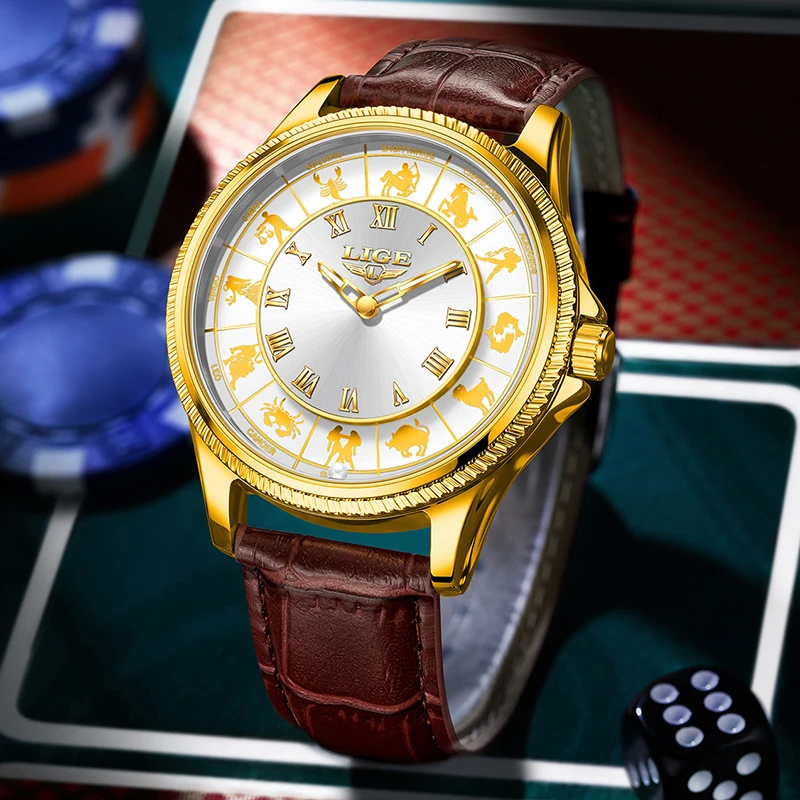 

LIGE новые роскошные золотые часы мужские модные коричневые кожаные 12 созвездий водонепроницаемые часы для мужчин повседневные светящиеся кварцевые наручные часы