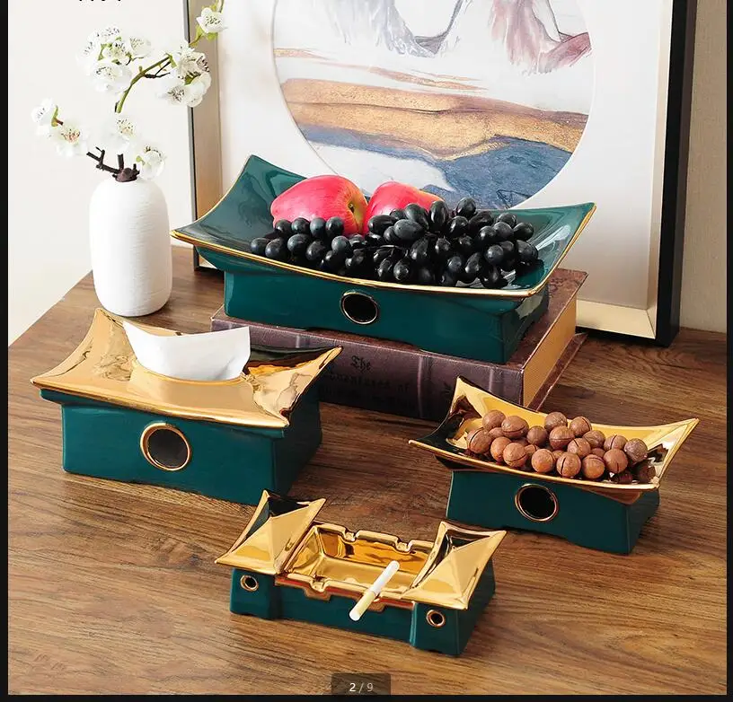 Chinese Ceramic Ornaments Ancient City Tissue Box Napkin Ashtray Fruit Plate Snack Tray Home Decoration Accessories Crafts