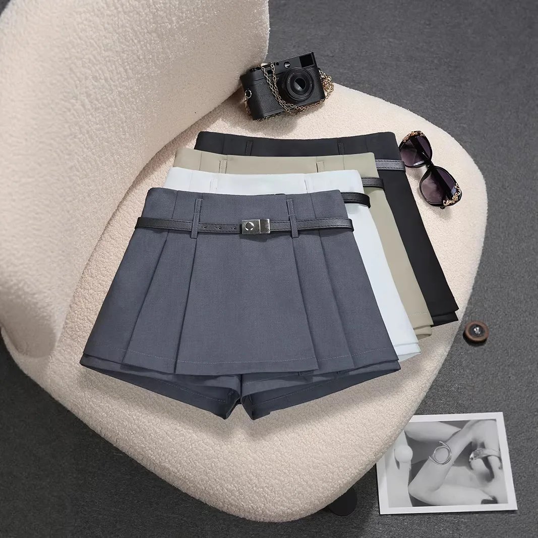 With Belt Design Sense Pleated Skirt Women's High Waist Anti-light Shorts Skirt