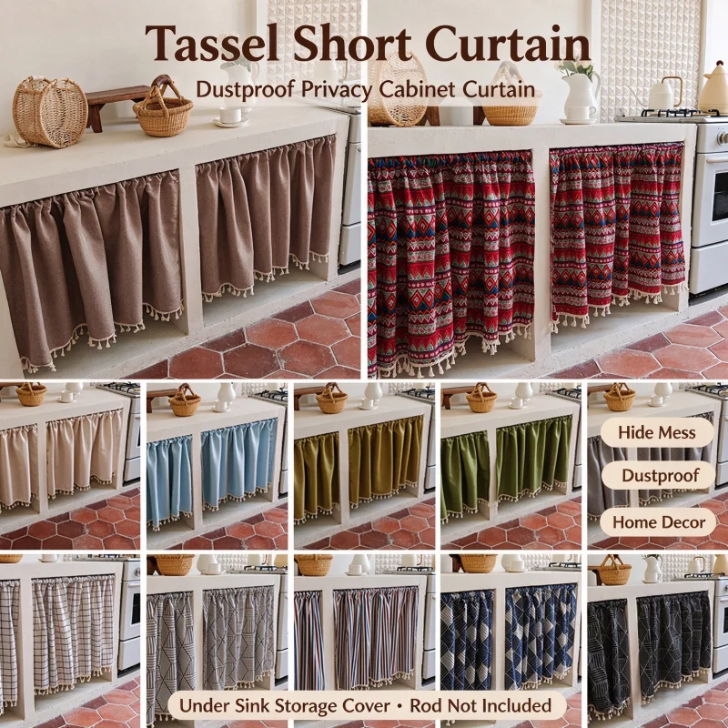 Tassel Short Curtain Dustproof Privacy Cabinet Curtain Hide Mess Kitchen Home Decor Under Sink Storage Cover Rod Not Included