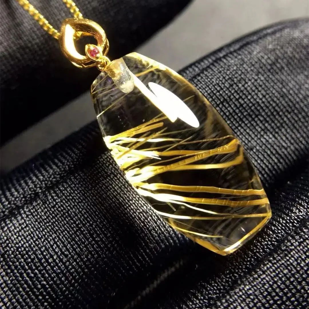 

Natural Gold Rutilated Quartz Pendant For Woman Man 18K Gold Wealthy Gemstone Clear Crystal 17x9mm Beads Jewelry AAAAA