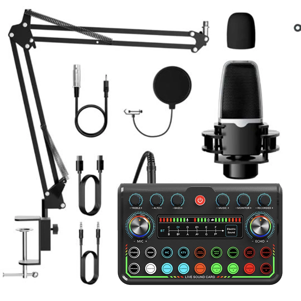 

P99 Live Sound Card Podcast Equipment Bundle with Microphone and Voice Changer Live Sound Card Studio Recording Singing Kit