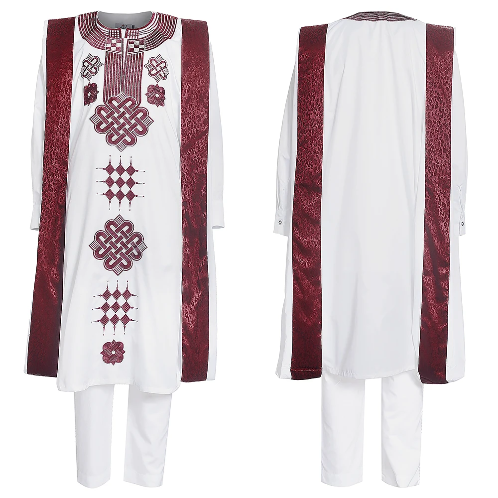 H&D Embroidered Dashiki Agbada Men African Traditional Clothes Ankara Outfit Cover Shirt Pants 3 PCS Suit Muslim Sets