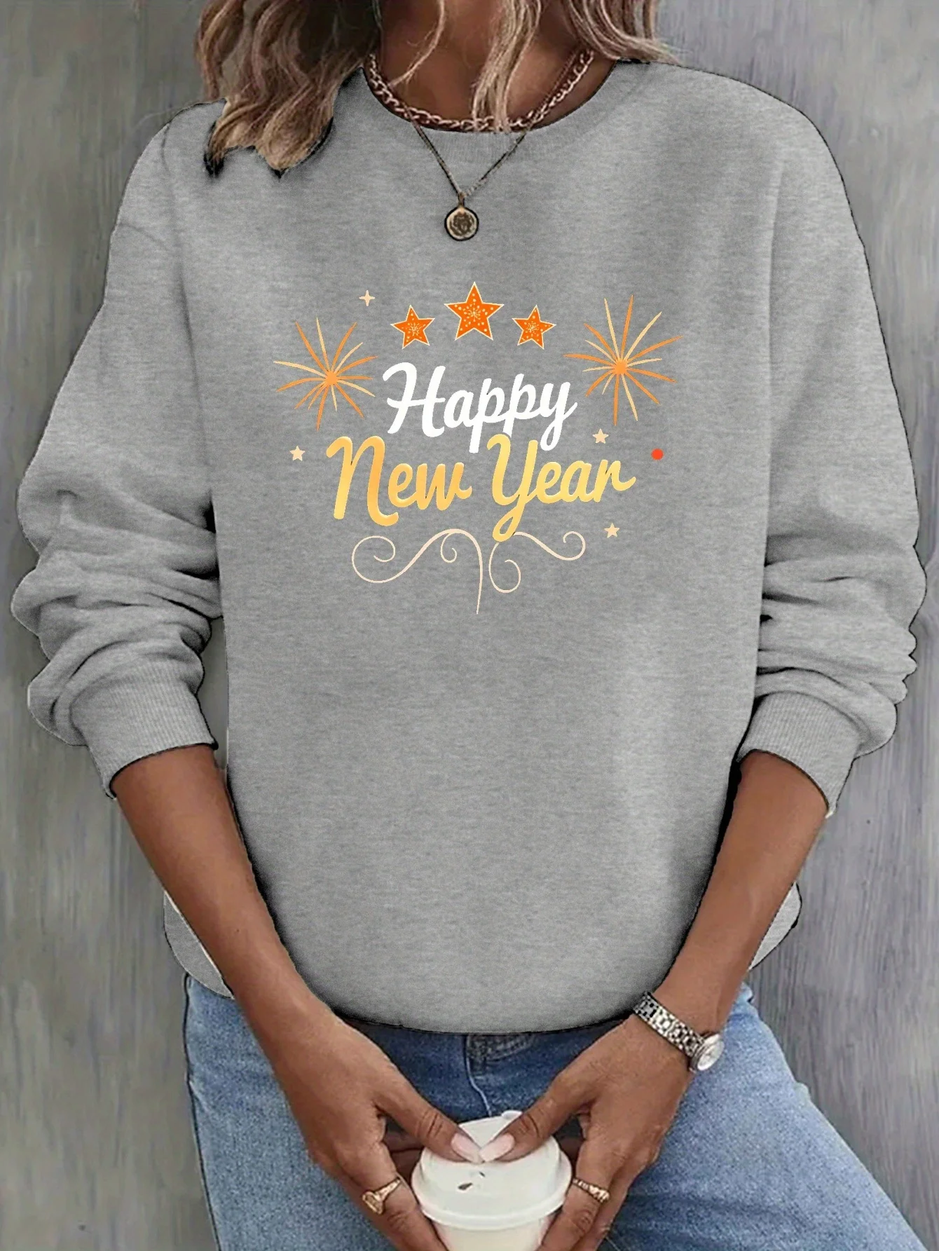 

Happy New Year Graphic Print Sweatshirt, Crew Neck Casual Sweatshirt for Fall & Spring, Women's Clothing
