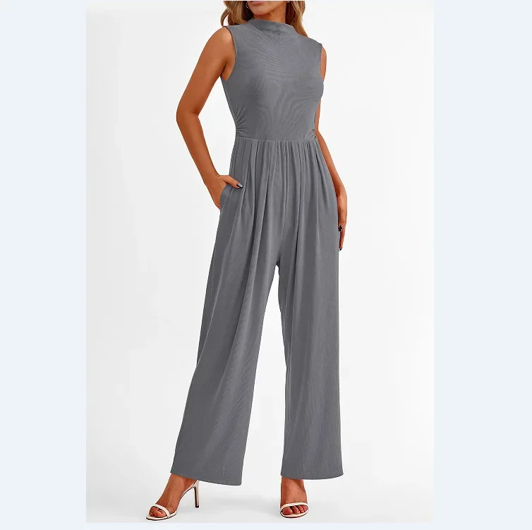 Tute da donna One Piece O Neck Pagliaccetti senza maniche Salopette Solid Pantaloni a gamba larga Tasche Vita alta Lunghezza caviglia Nozioni di base 2025