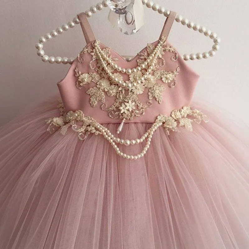 

Cute Girls French Pink Suspender Princess Dress Flower Girl Fluffy Mesh Birthday Dress Sleeveless Sweet Walk Show Dress