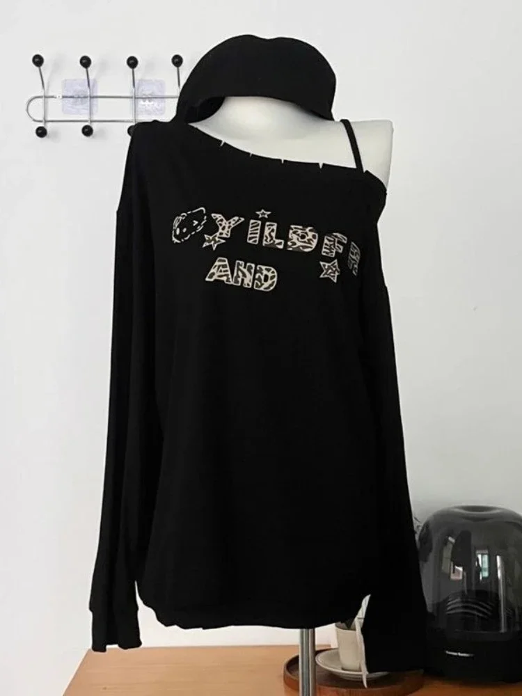 

Streetwear Skew Collar Punk Black Hoodie Y2k Aesthetic Women Vintage Hole Casual Hoody Autumn Harajuku Loose Grunge Sweatshirt