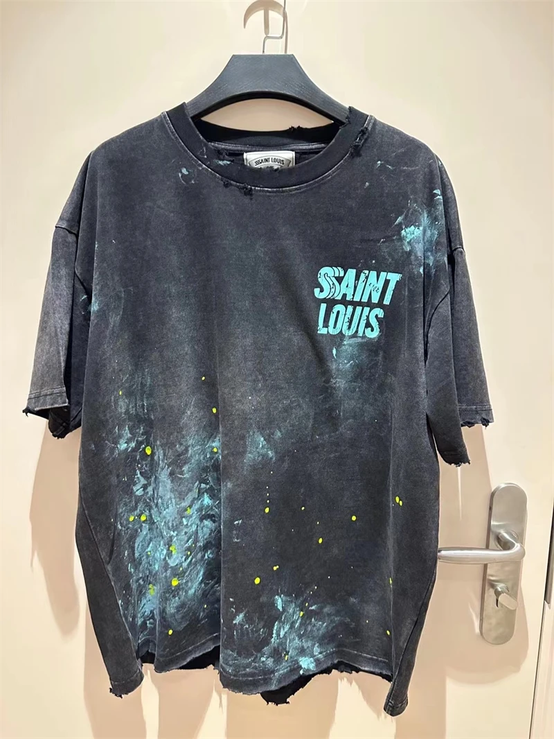 Summer SSSAINT LOUIS Y2k Vintage Speckle Logo Printed Wash High Street Short Sleeve Casual Loose Cotton Round Neck Rock T-shirt