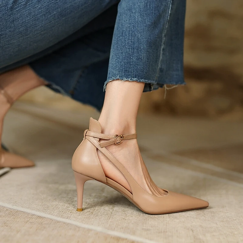 Summer/Spring Women Sandals Pointed Toe Thin Heel Women Shoes Elegant High Heels Genuine Leather Shoes for Women Party Shoes