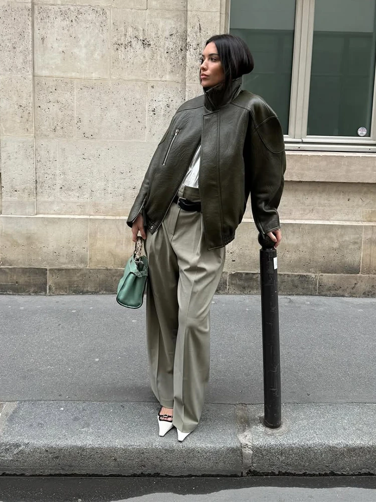 

Women Chic Solid Zipper Leather Jacket Fashion Long Sleeve Lapel Stand Collar Elastic Waist Overcoat New Autumn Daily Coat 2025