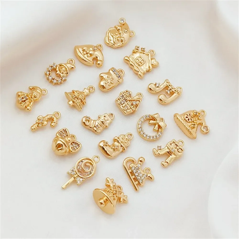

14K Copper Gold-plated and Zirconium-inlaid Christmas Series Bell Snowman Hat Sock Pendant Handmade DIY Accessory