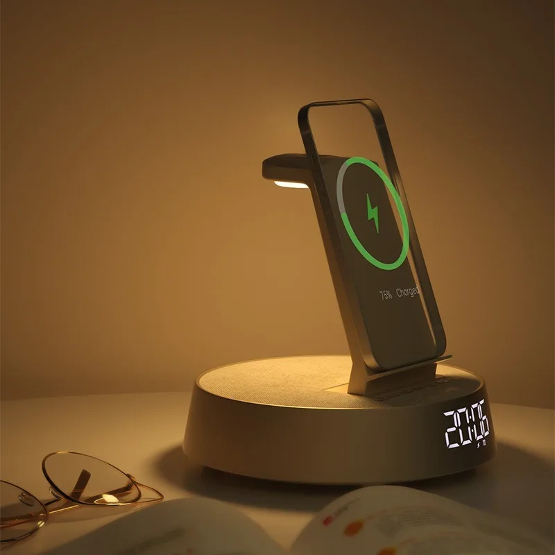 Bedside Bluetooth Speaker with Wireless Charger, Digital Alarm Clock, Ambient Light, LED Night Light & Music Table Lamp