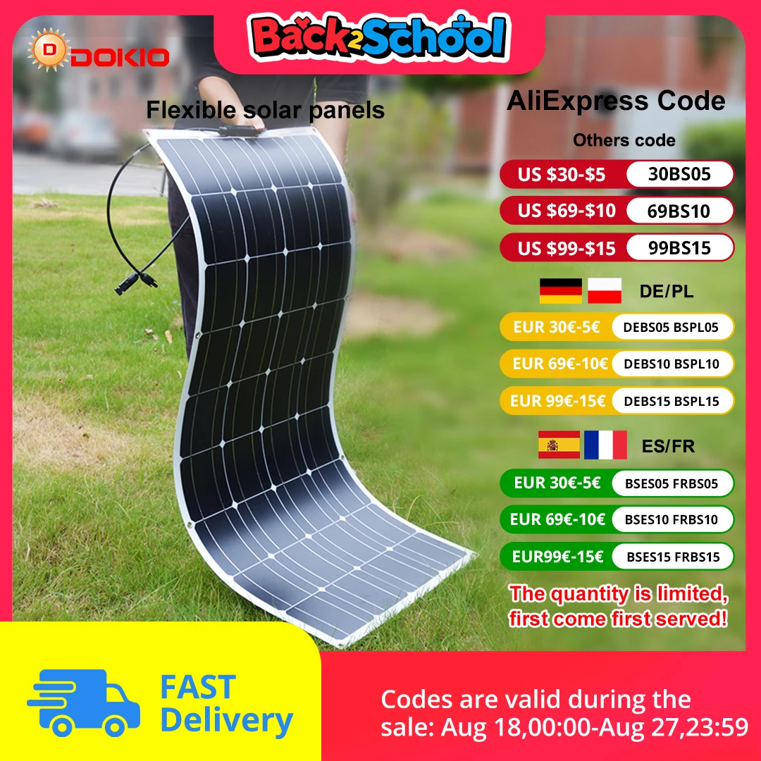 DOKIO 18V 100W Pannelli Solari Flessibili Pannello Solare Monocristallino Impermeabile Campeggio RV Carica Domestica 12V DFSP-100M