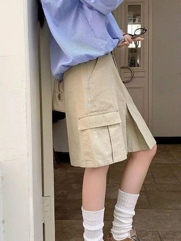High Waist A-Line  Skirt for Women Casual Workwear Style Multi Pockets Khaki Color Spring Summer New Arrival Slimming Ver...