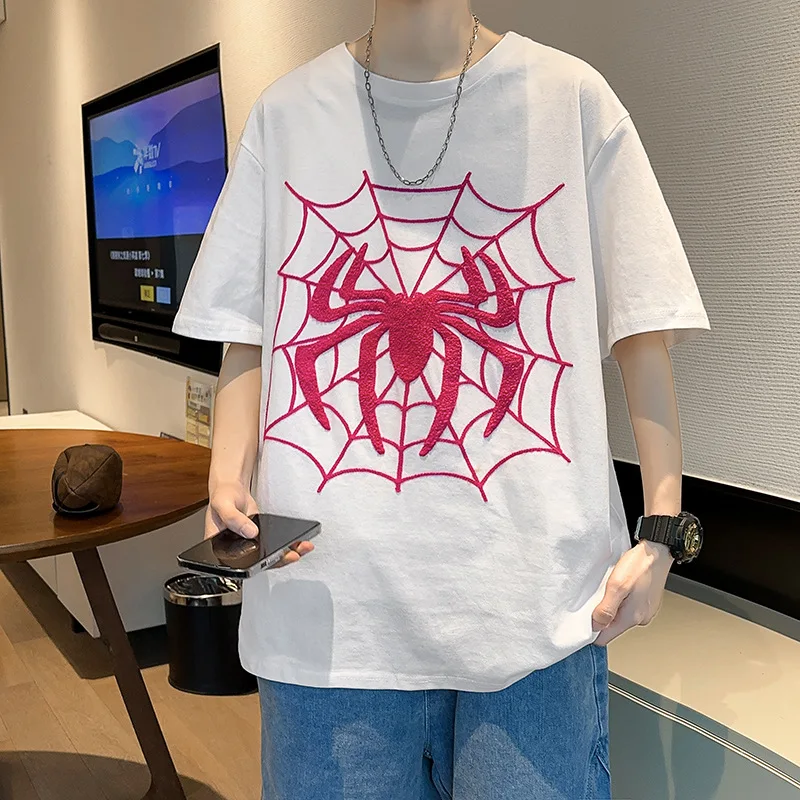 2024 Spider Man Summer T-shirt Men's Casual Fashion Embroidery Print Retro 5/4 Sleeve Cotton Short-sleeve Top Man Adult Gift