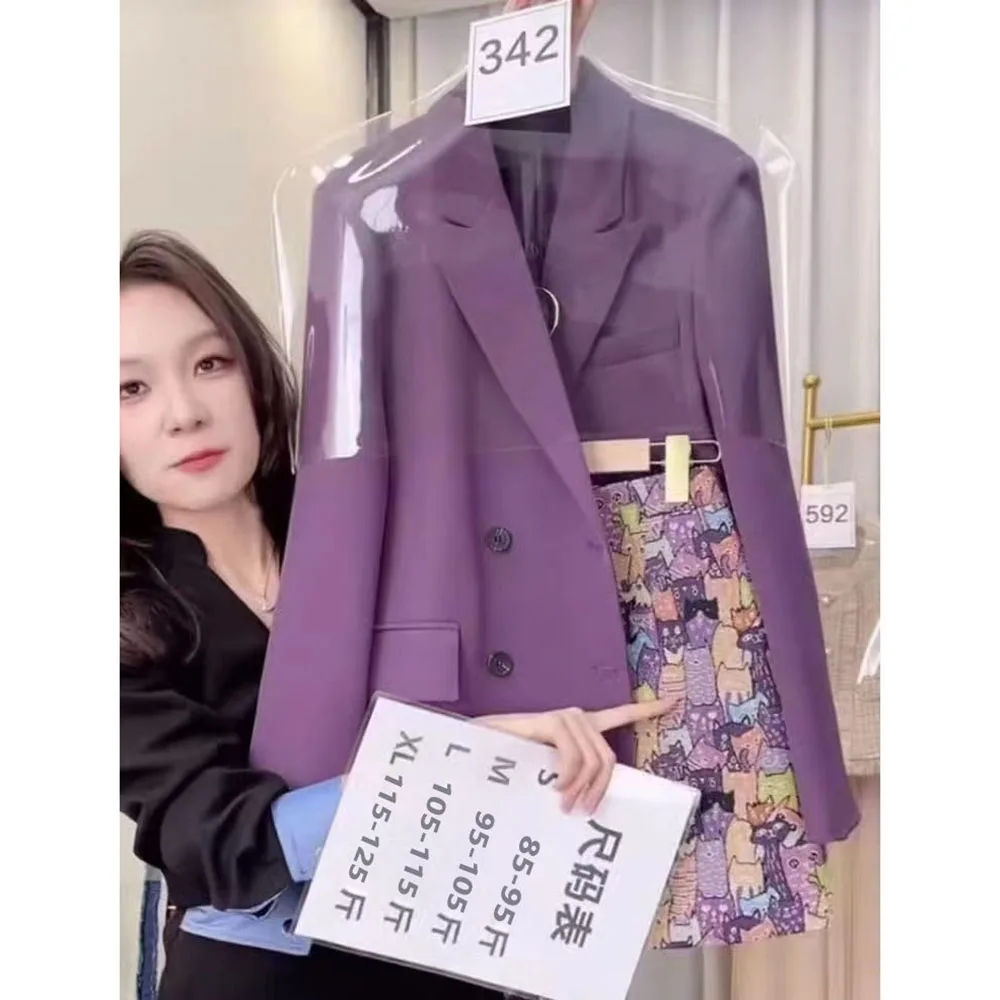 Fashion Women Sets Spring Summer High-end Blazer Jacket Printed Skirt Two-piece Suit Ladies Casual Temperament Purple Suit Coat