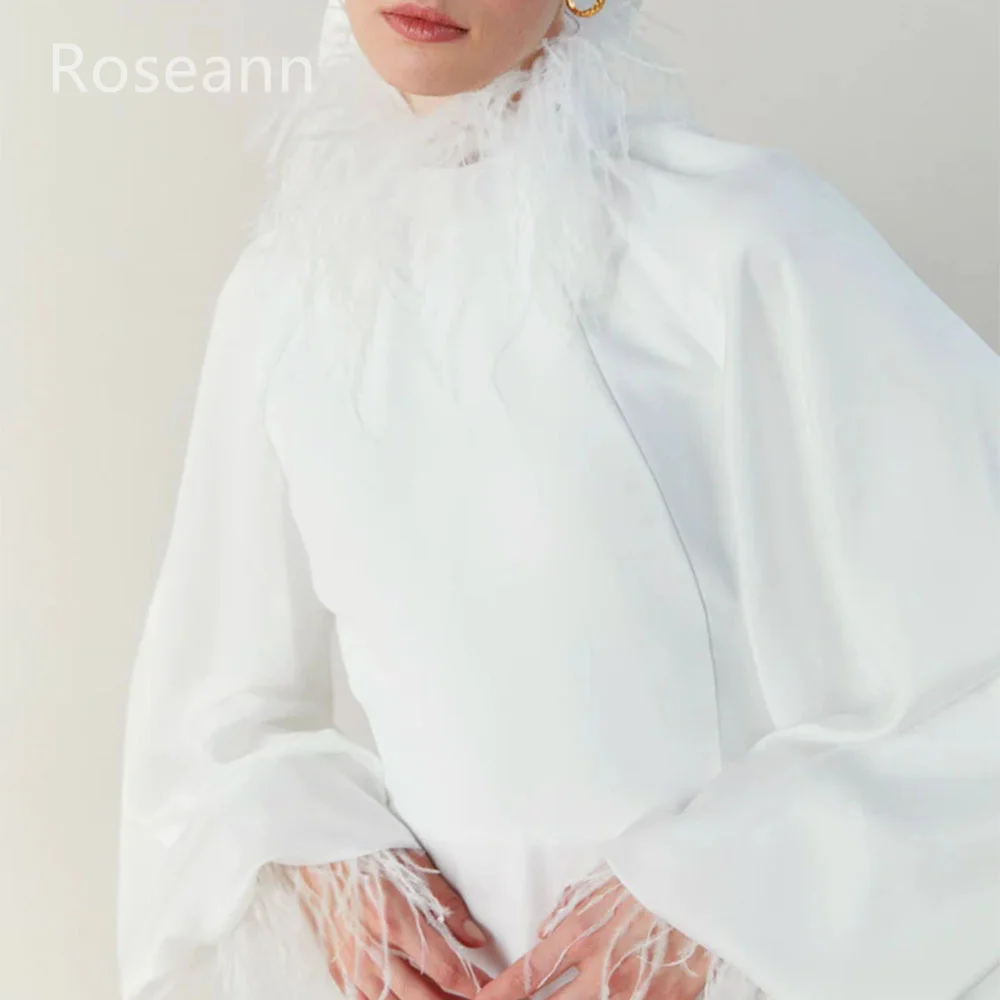 Customized High Quality Muslim Ivory Wedding Dresses Feathers Draped Pleat Bride Gowns Floor Length Long Sleeve robe de mariée