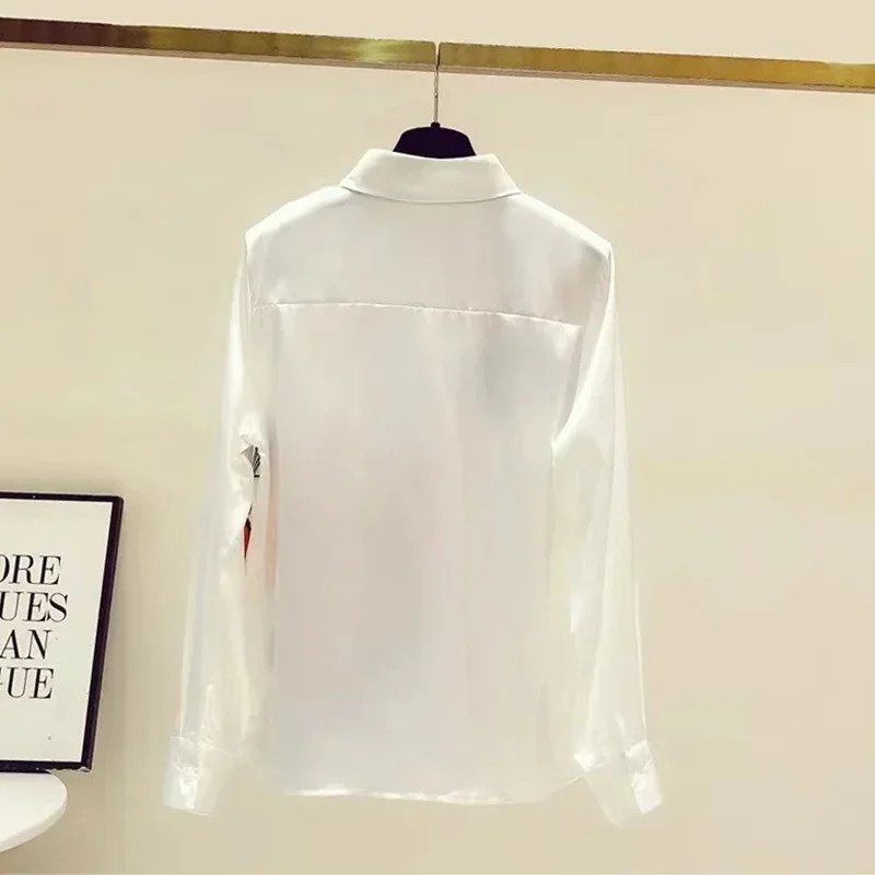 S-4XL Chic Printed Casual Office Shirts For Women Long Sleeve Silk Satin Blouses 2024 Elegant Female Tops Blusas Mujer