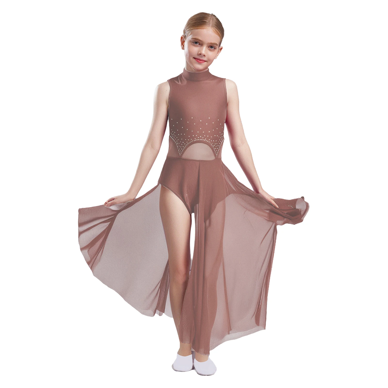 الفتيات فستان رقص غنائي الراين الباليه فستان معاصر بلا أكمام بقماش شفاف سبليت الجمباز الشكل التزلج ازياء #2