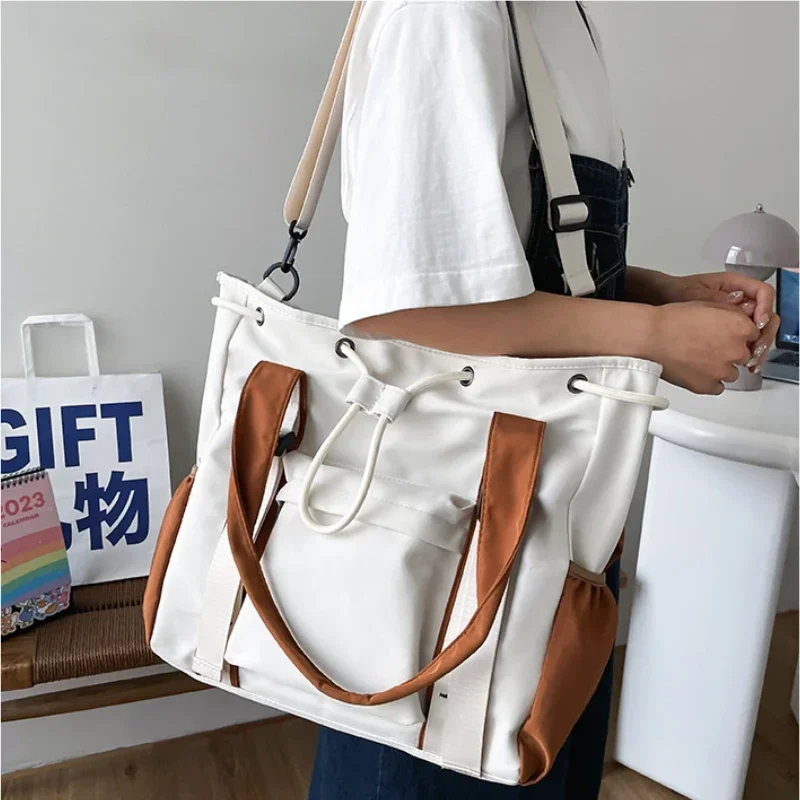 New Large Capacity Contrast Tote Handbag Simple Commuting Shoulder Casual Crossbody Bag Classroom Drawstring Zipper Buckle