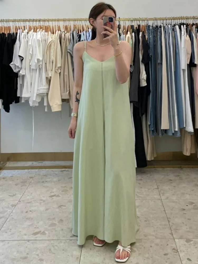 休暇スタイルギャザーベストストラップドレス女性のルーズドレープロングスカート綿 00% 夏新着ガウン