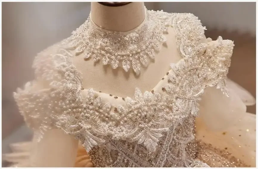 Vestido de noche de lentejuelas y perlas de alta gama para niños, vestido de boda, cumpleaños, pasarela, presentador, actuación, fiesta, vestido de cola para niñas A2894