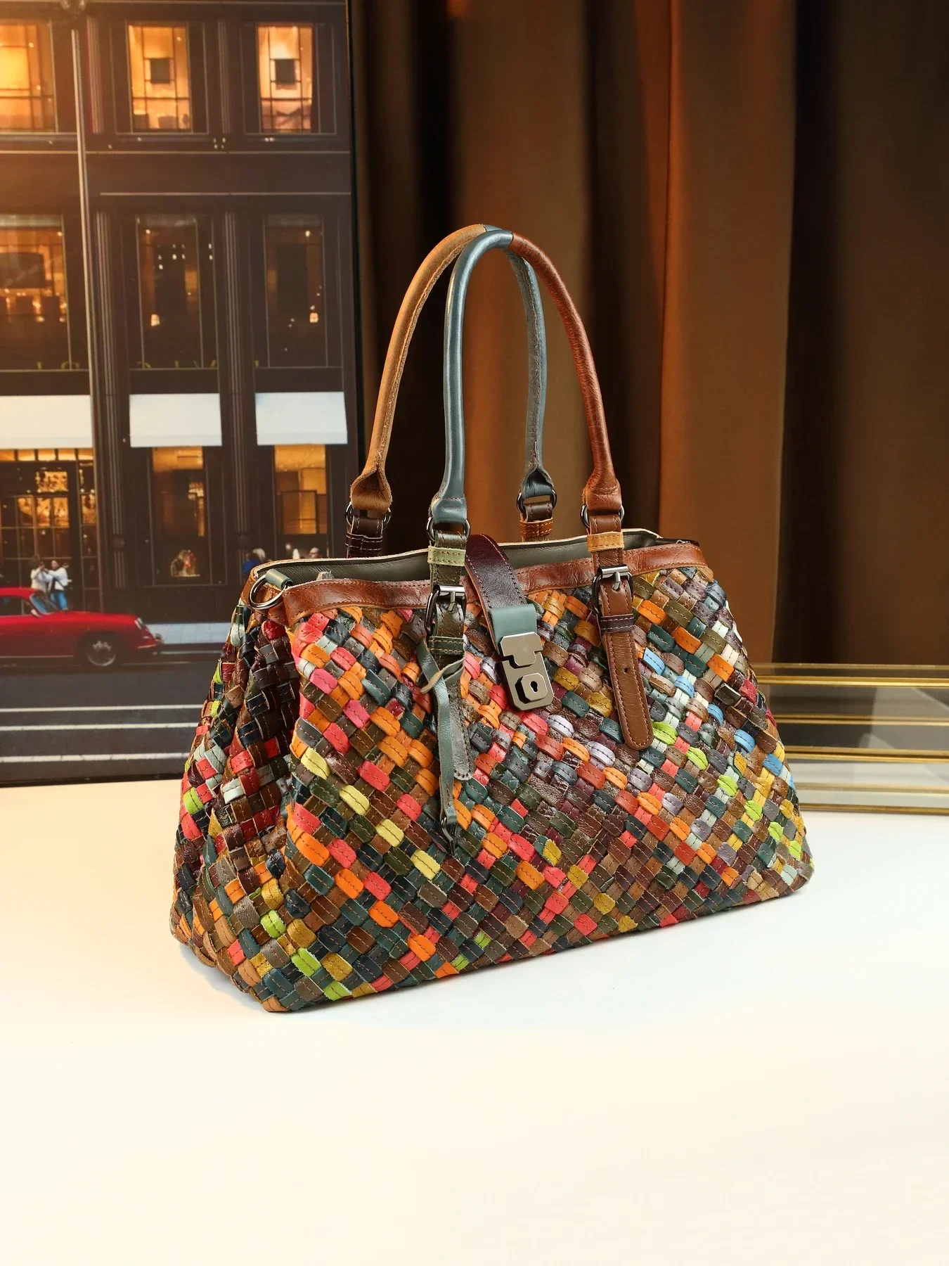 

Retro style color matching flower patch bucket bag large capacity commuter bag cowhide contrast color