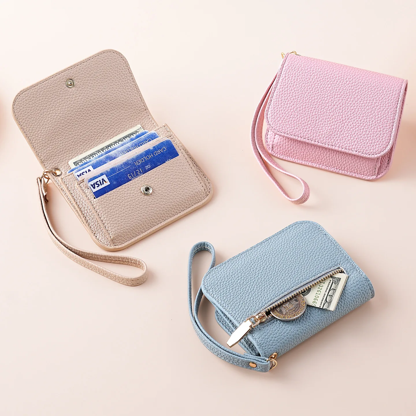Soft Litchi Grain Mini Wallet Women Wrist Strap Small Purse Multi Card Slots Zipper Coin Pocket Snap Closure Portable Light Ladi