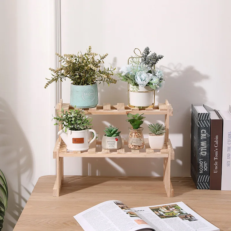 

Desktop double-layer simple wooden storage rack, vase, flower pot, small storage rack, bookshelf